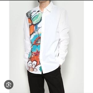 Desigual Graphic Button Down Shirt White Art Print Long Sleeve Size L